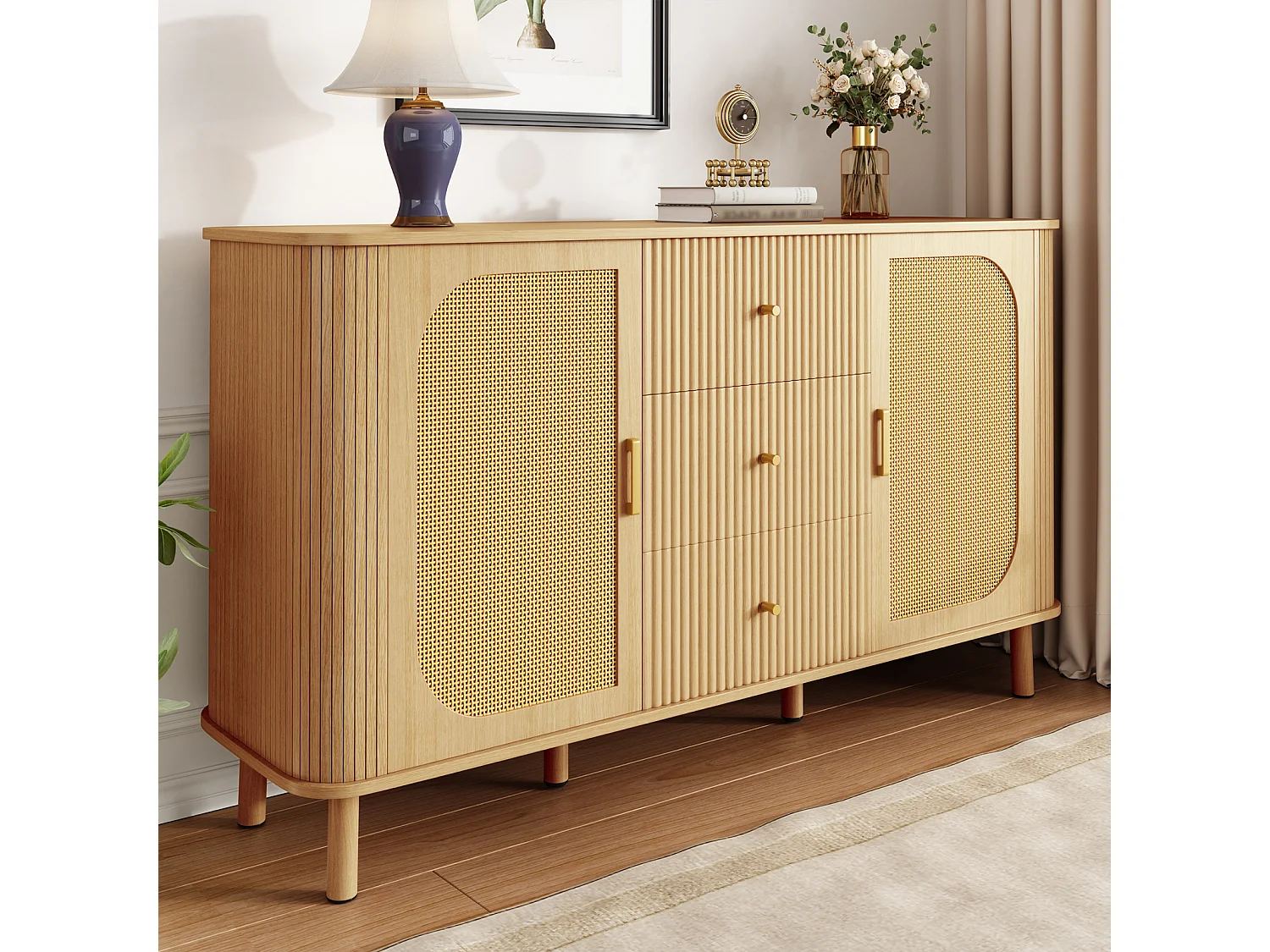 Credenza in rattan con cassetti, gambe in metallo effetto legno, design curvo, 140 x 40 x 80 cm
