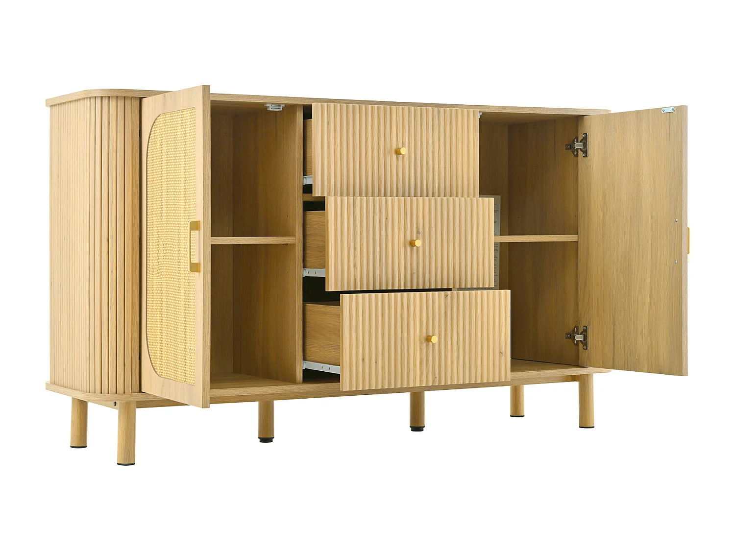 Credenza in rattan con cassetti, gambe in metallo effetto legno, design curvo, 140 x 40 x 80 cm