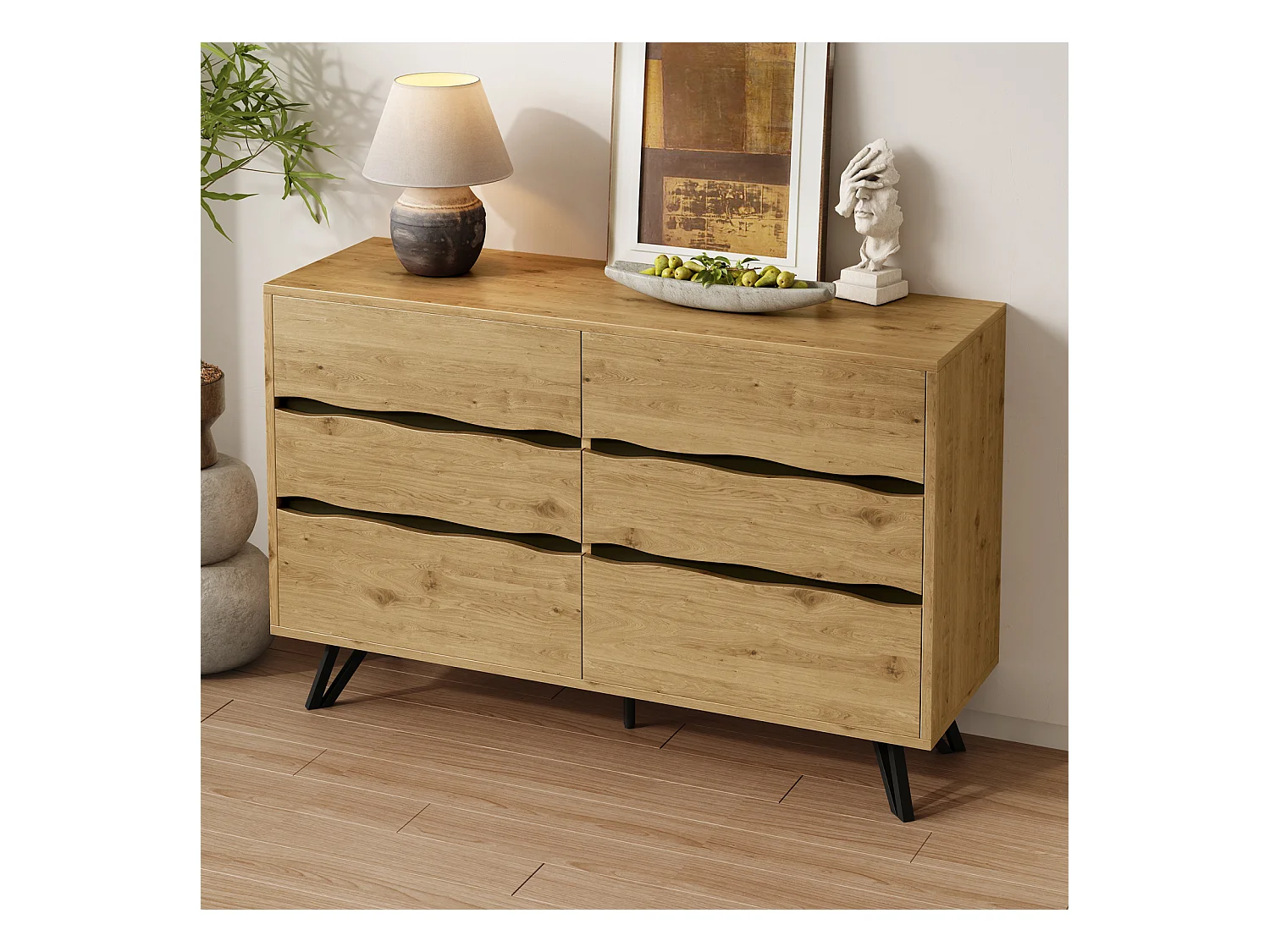 Aparador Moderno com 6 Gavetas - Pés Metálicos, para Sala de Estar e Sala de Jantar - 120x40x75,5 cm