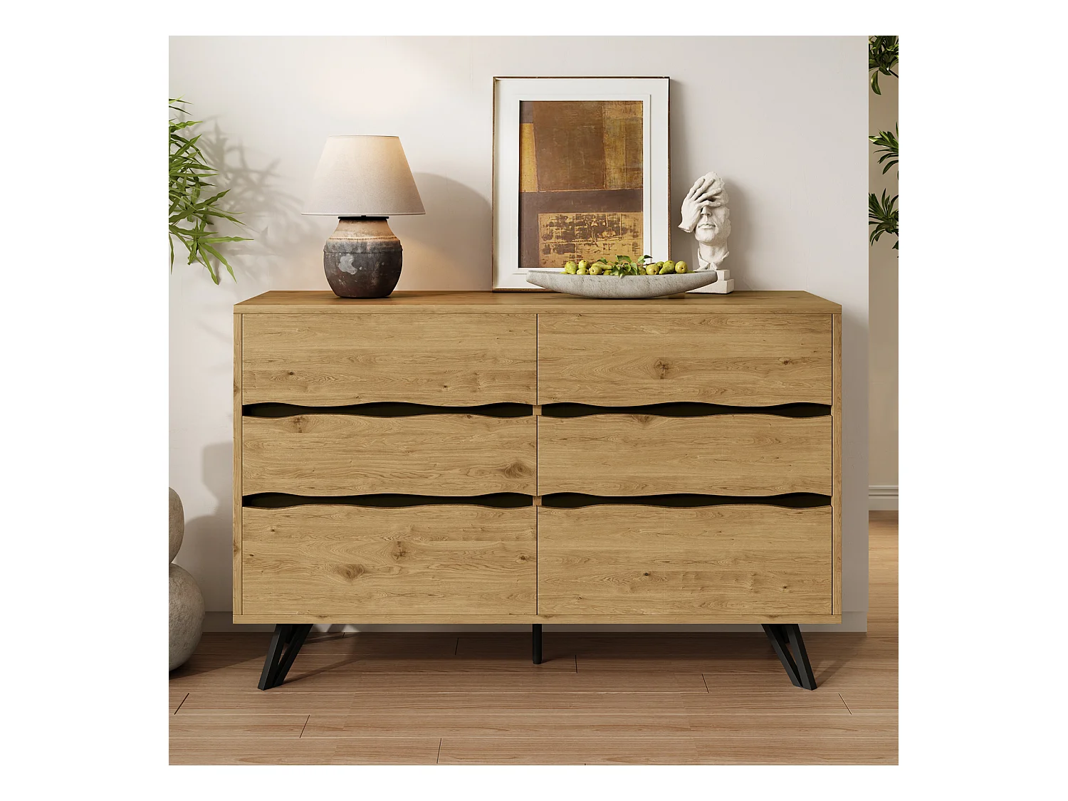 Aparador Moderno com 6 Gavetas - Pés Metálicos, para Sala de Estar e Sala de Jantar - 120x40x75,5 cm