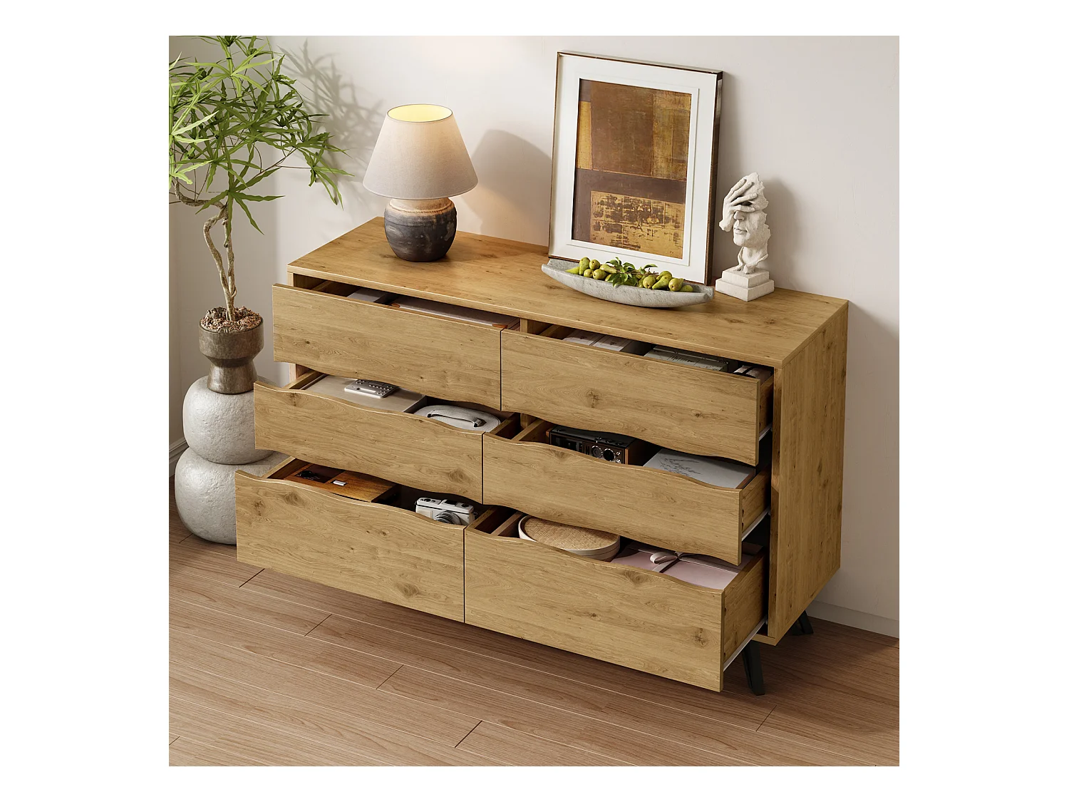 Aparador Moderno com 6 Gavetas - Pés Metálicos, para Sala de Estar e Sala de Jantar - 120x40x75,5 cm