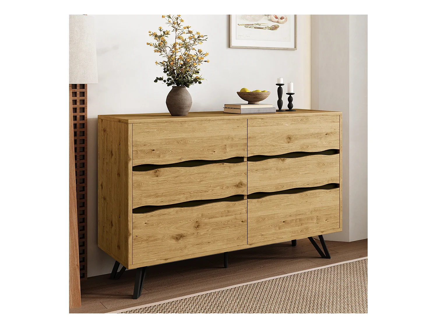 Aparador Moderno com 6 Gavetas - Pés Metálicos, para Sala de Estar e Sala de Jantar - 120x40x75,5 cm