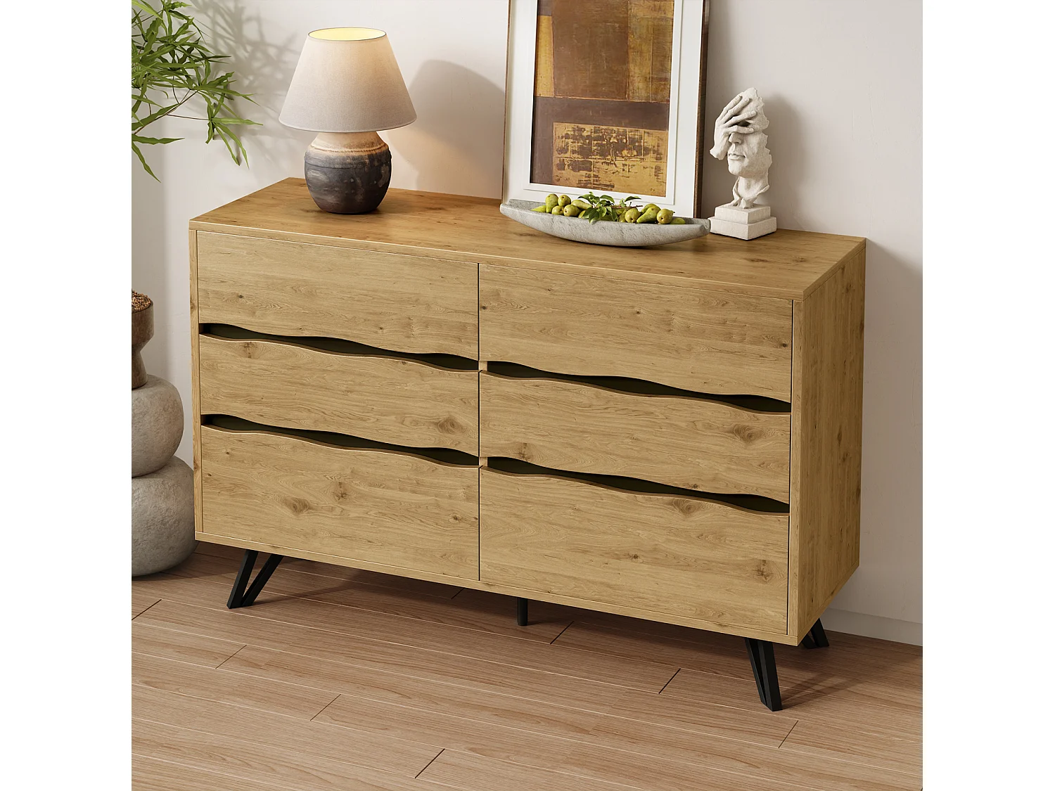 Aparador moderno con 6 cajones - Patas de metal, para salón y comedor - 120x40x75,5 cm