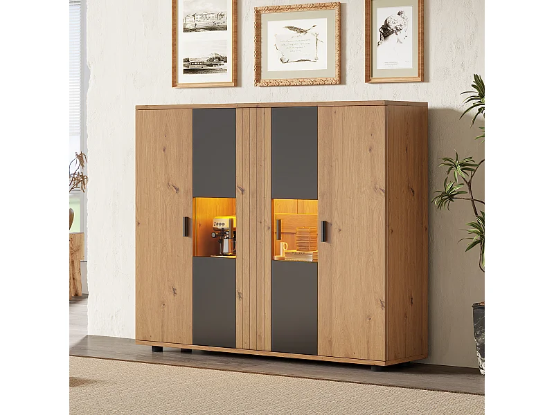 Aparador para sala de estar com 4 portas, LED e prateleiras de vidro, preto - 140 x 35 x 113 cm