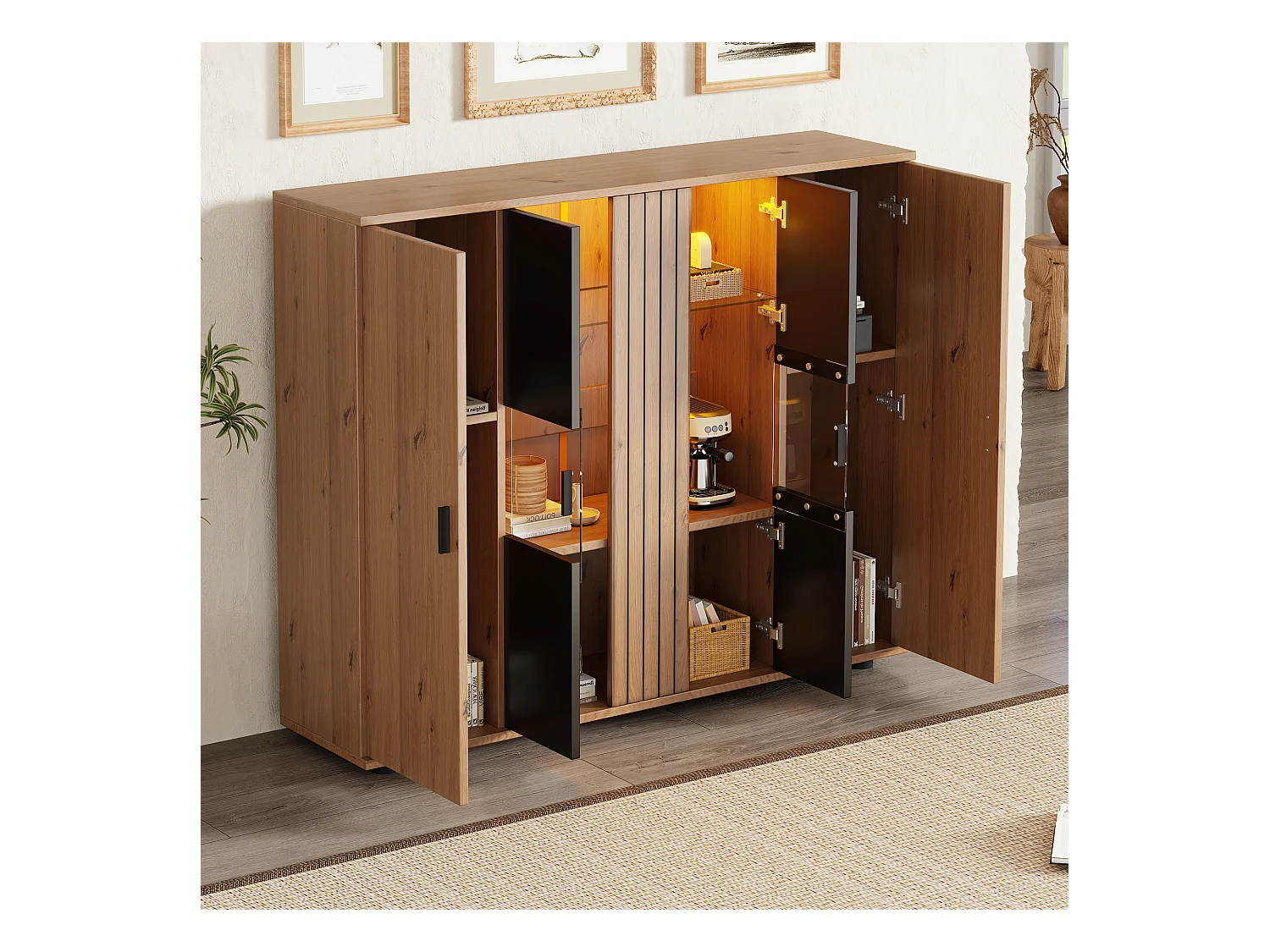 Aparador para salón con 4 puertas, LED y estantes de cristal, negro - 140 x 35 x 113 cm