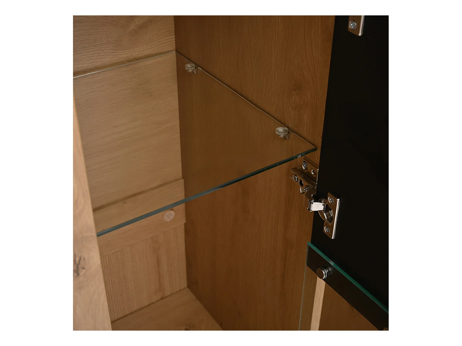 Aparador para salón con 4 puertas, LED y estantes de cristal, negro - 140 x 35 x 113 cm