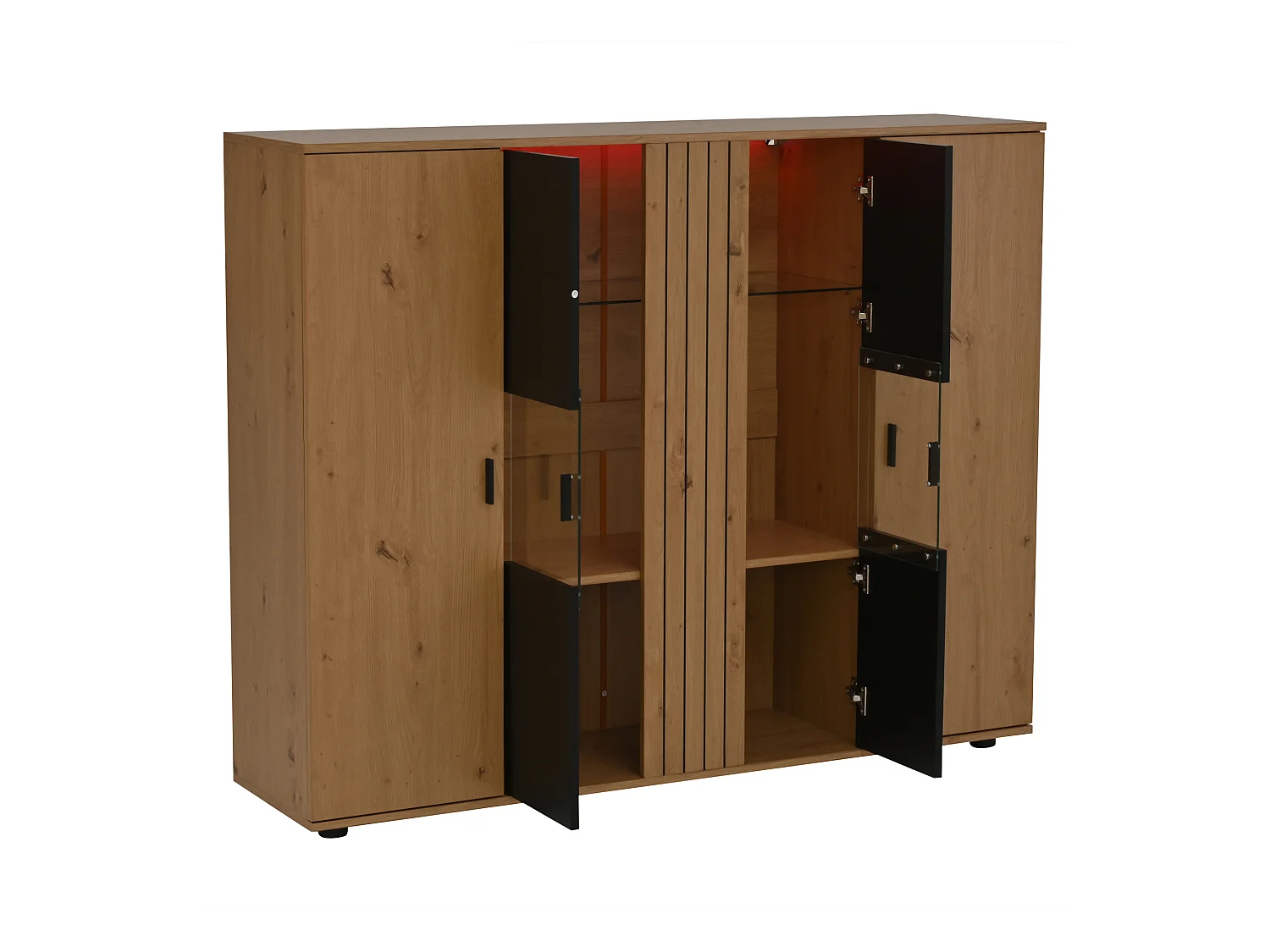 Aparador para salón con 4 puertas, LED y estantes de cristal, negro - 140 x 35 x 113 cm