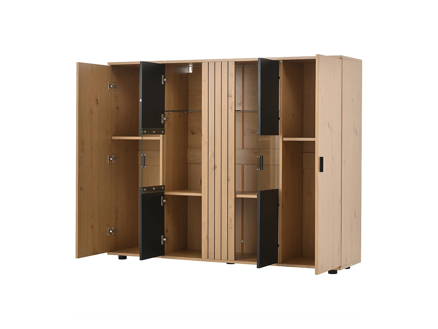 Aparador para salón con 4 puertas, LED y estantes de cristal, negro - 140 x 35 x 113 cm