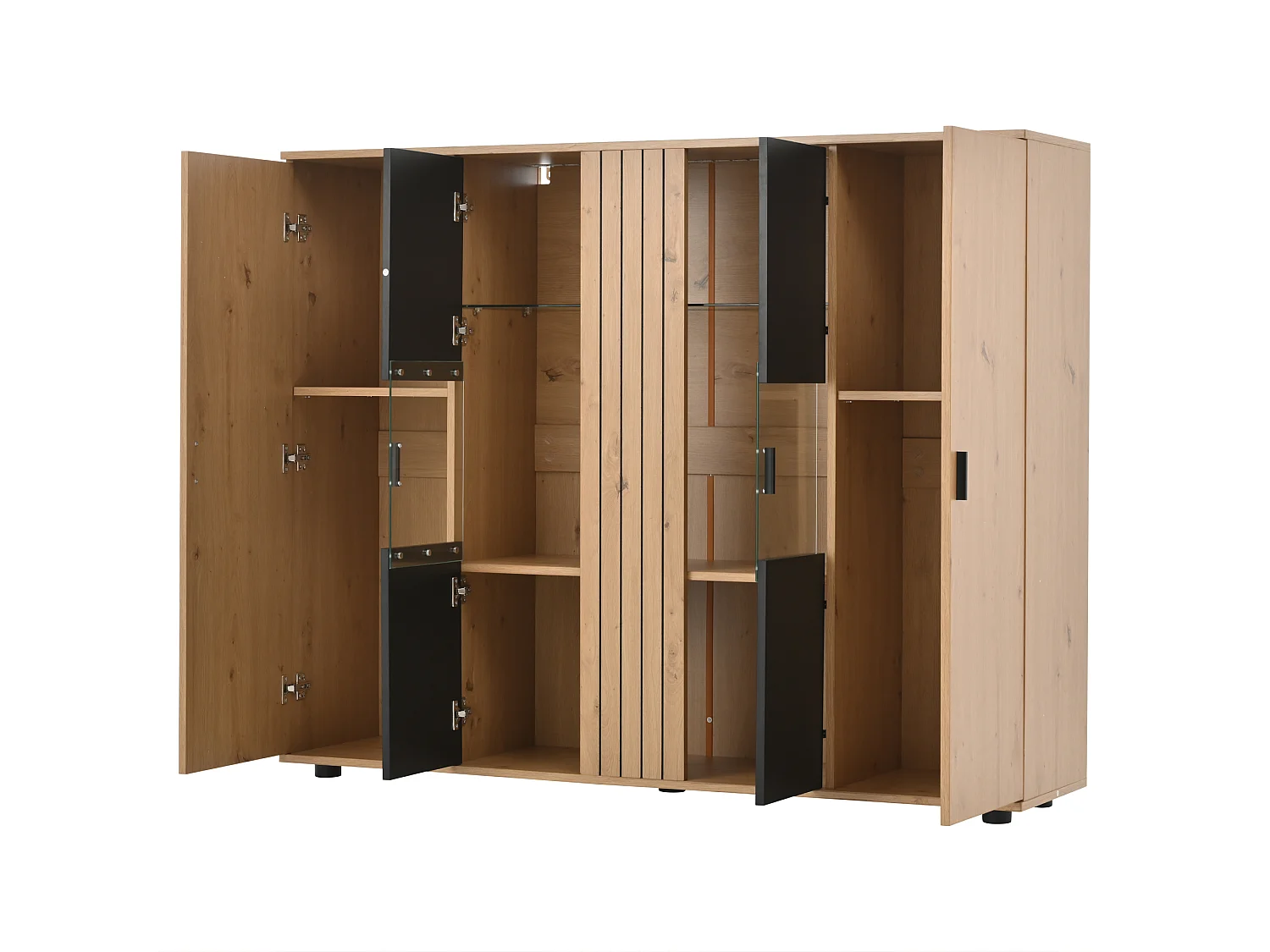 Aparador para sala de estar com 4 portas, LED e prateleiras de vidro, preto - 140 x 35 x 113 cm