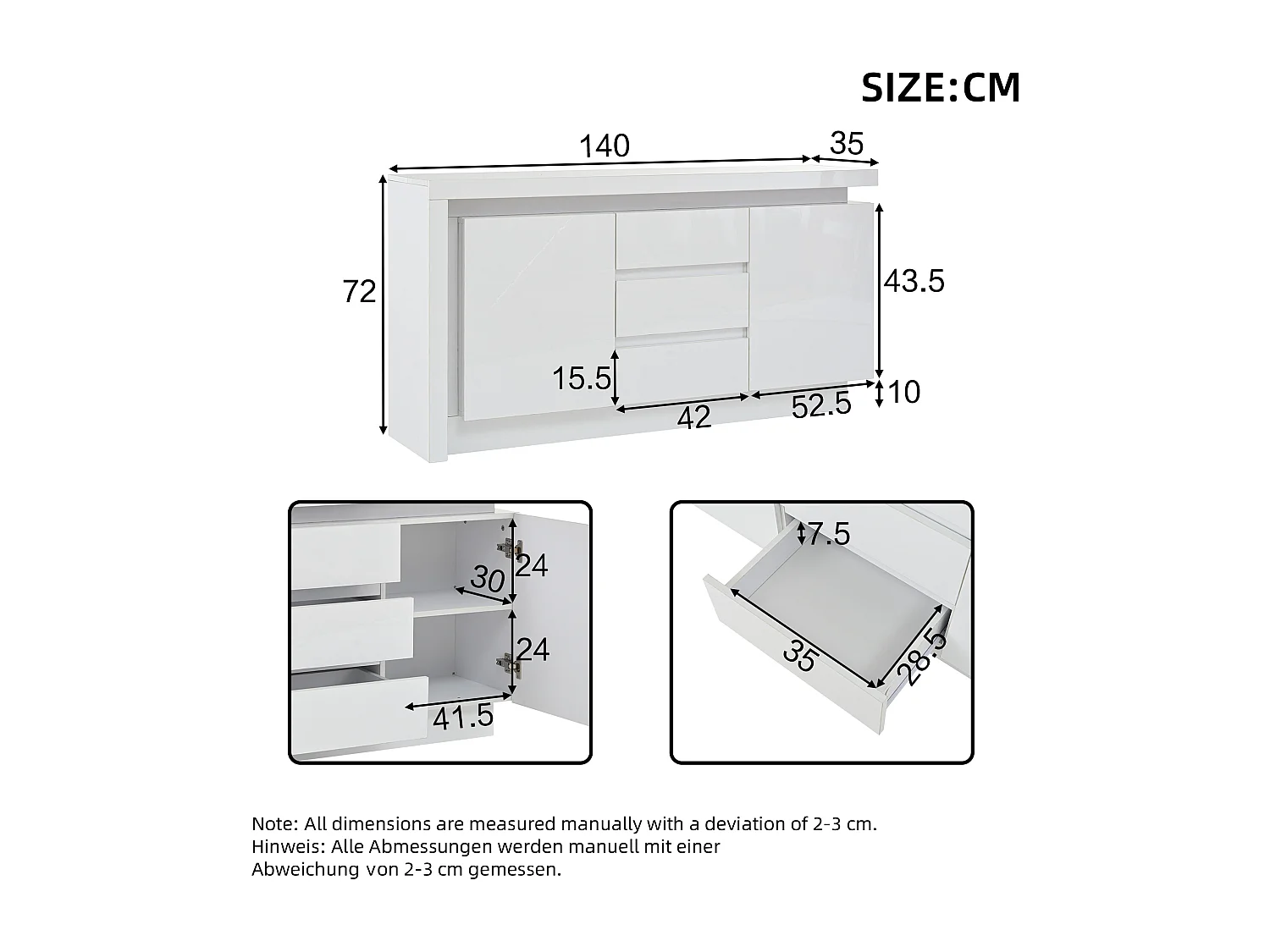 Buffet avec 3 Tiroirs Et 2 Portes, avec Éclairage LED, sans Poignées, 140 X 35 X 72,5 cm - Blanc