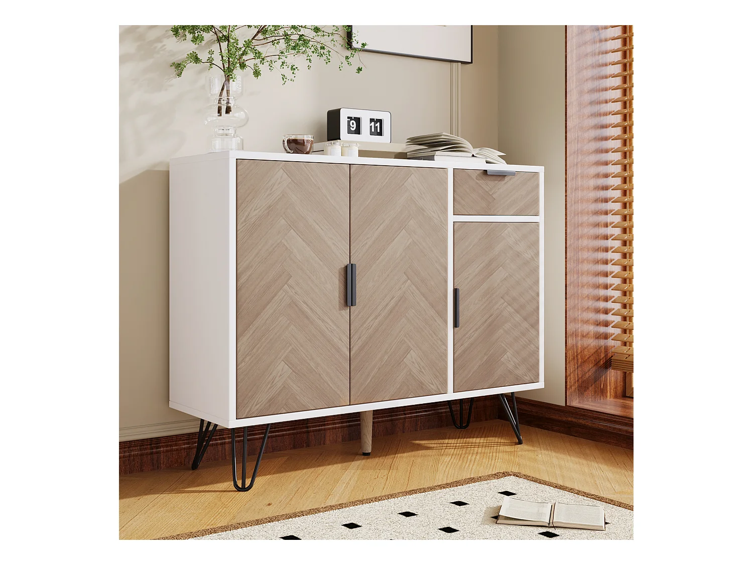 Aparador moderno con patas de metal para recibidor y salón, 90 x 30 x 71,5 cm, blanco