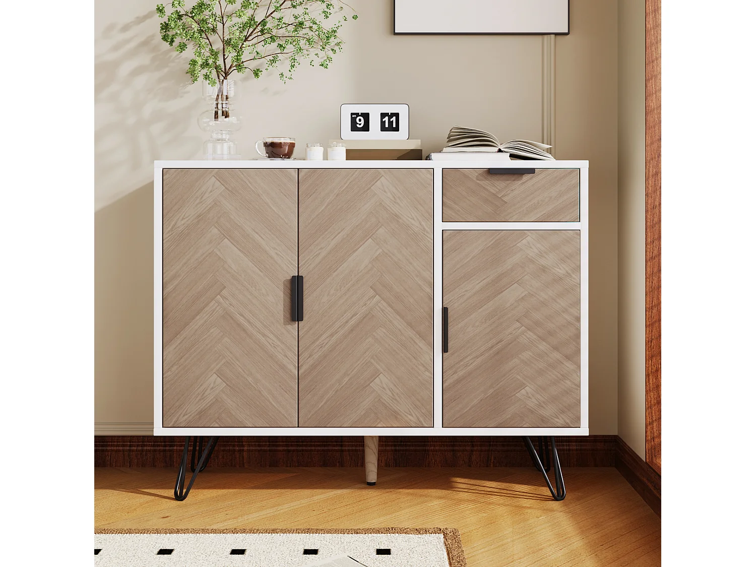 Aparador moderno con patas de metal para recibidor y salón, 90 x 30 x 71,5 cm, blanco