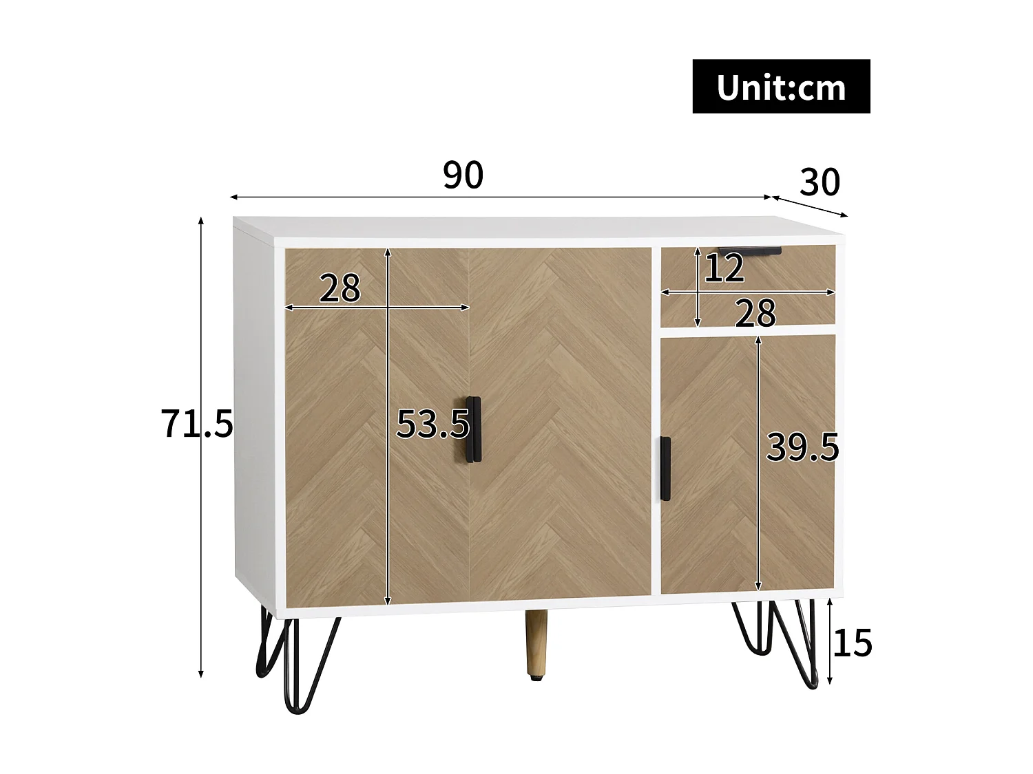 Aparador moderno con patas de metal para recibidor y salón, 90 x 30 x 71,5 cm, blanco