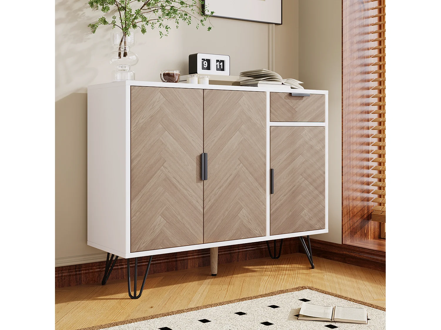 Buffet, Armoire de rangement moderne avec pieds en métal, Pour couloir, salon - 90x30x71,5 cm,Blanc