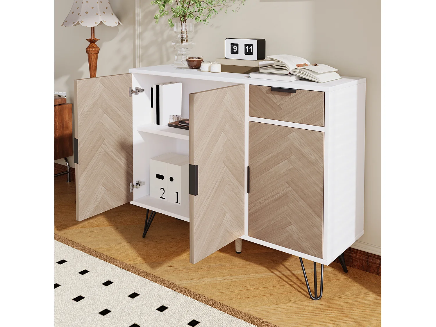 Buffet, Armoire de rangement moderne avec pieds en métal, Pour couloir, salon - 90x30x71,5 cm,Blanc