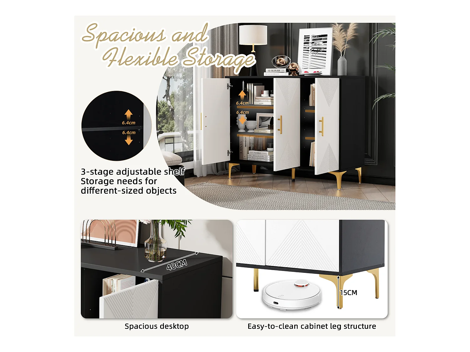 Buffet 120 x 40 x 88 cm, blanc et noir, avec poignées, portes à rayures, pour salon, salle à manger