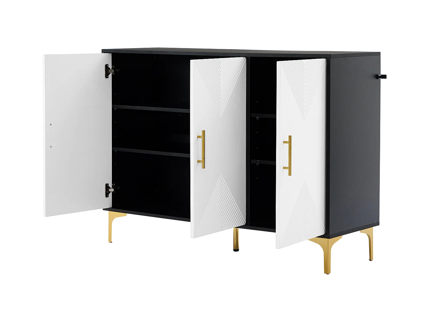 Buffet 120 x 40 x 88 cm, blanc et noir, avec poignées, portes à rayures, pour salon, salle à manger
