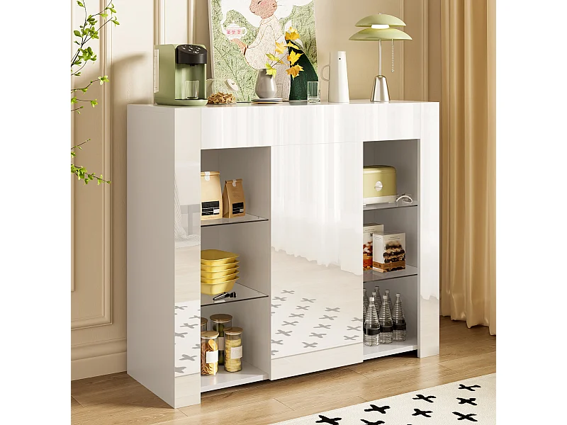 Aparador moderno blanco con frente brillante, estantes de cristal, almacenamiento compacto 95 x 35 x 83 cm