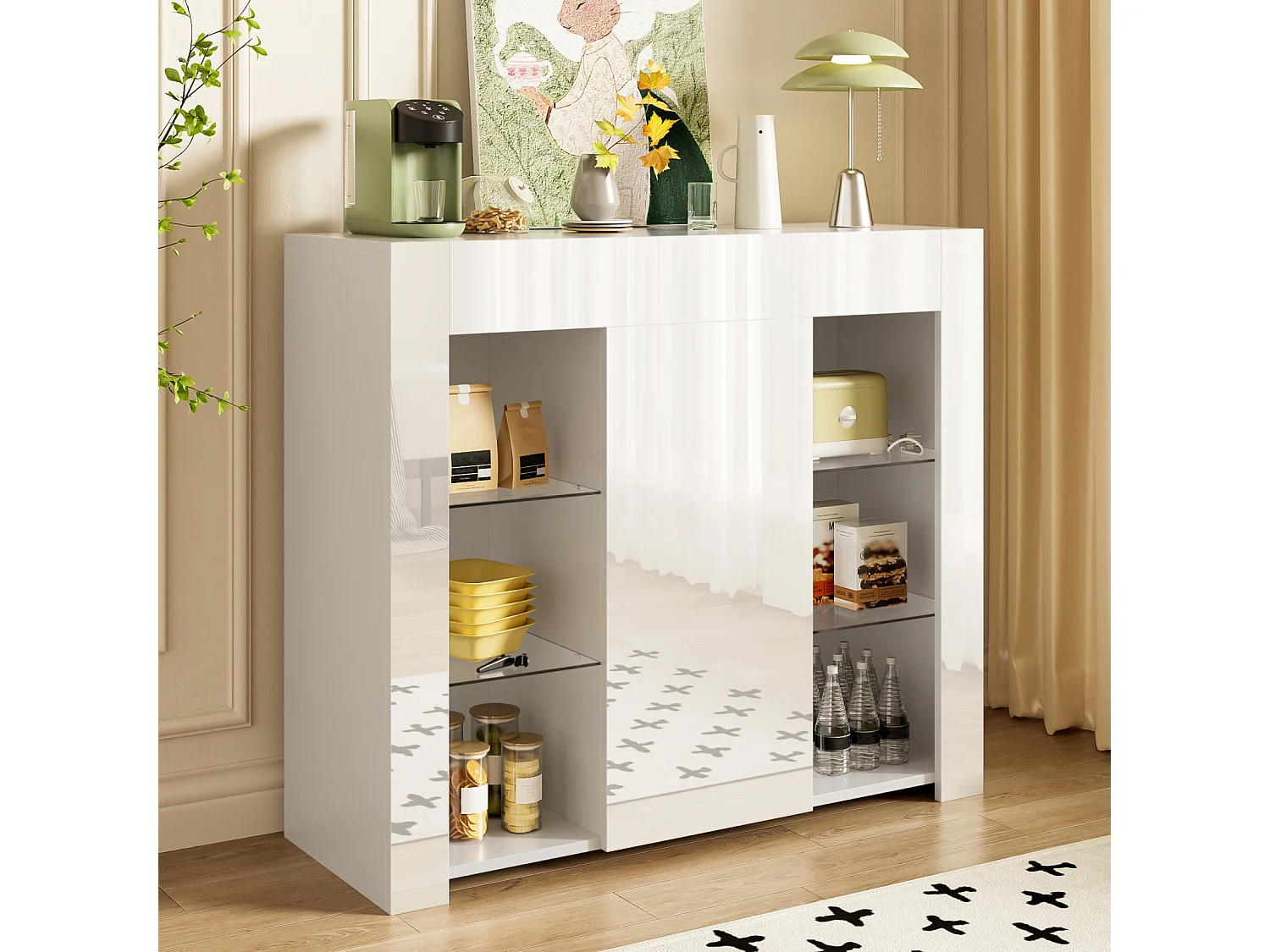 Aparador moderno blanco con frente brillante, estantes de cristal, almacenamiento compacto 95 x 35 x 83 cm
