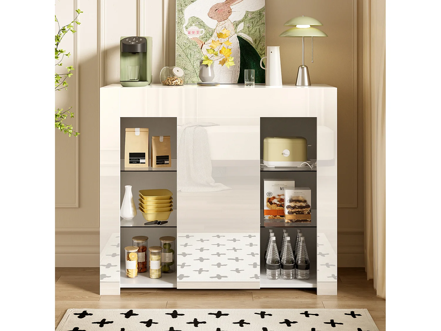 Aparador moderno blanco con frente brillante, estantes de cristal, almacenamiento compacto 95 x 35 x 83 cm