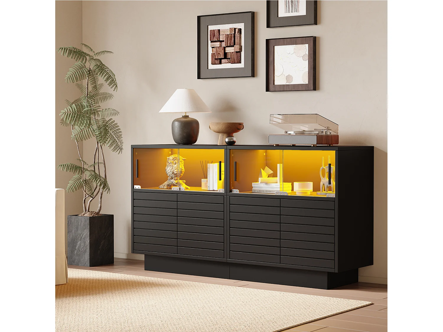 Buffet de salon avec 2 armoires et 4 compartiments, - Armoire de salon moderne avec LED - Noir