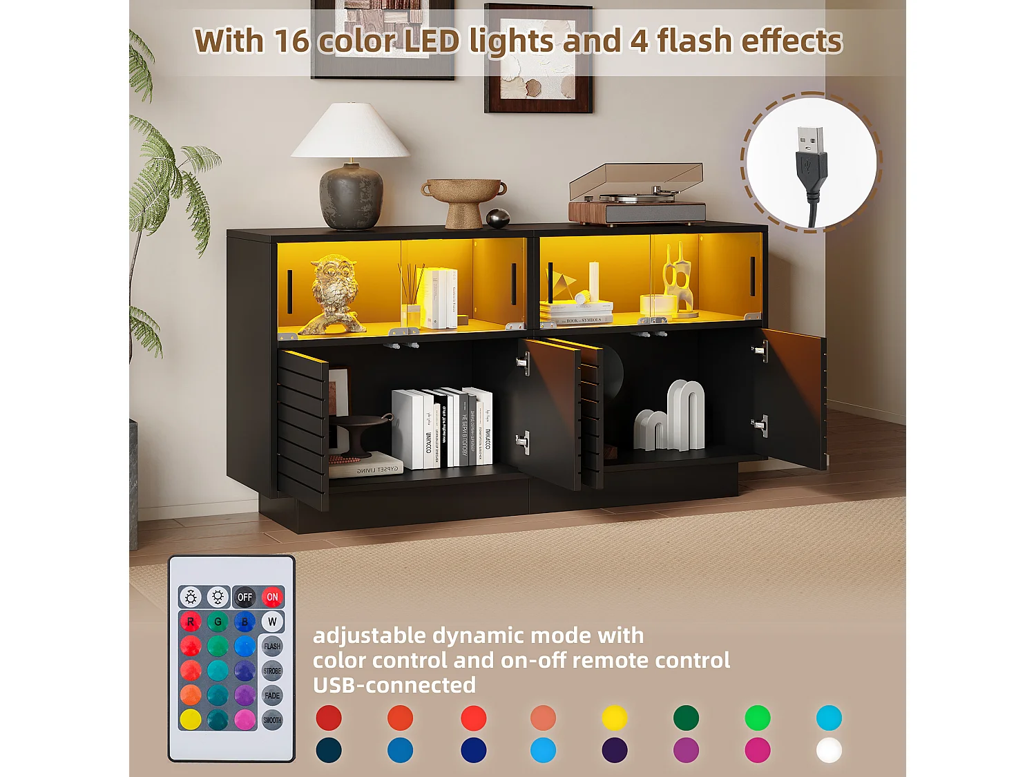 Buffet de salon avec 2 armoires et 4 compartiments, - Armoire de salon moderne avec LED - Noir