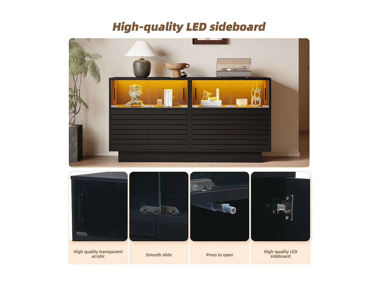 Buffet de salon avec 2 armoires et 4 compartiments, - Armoire de salon moderne avec LED - Noir