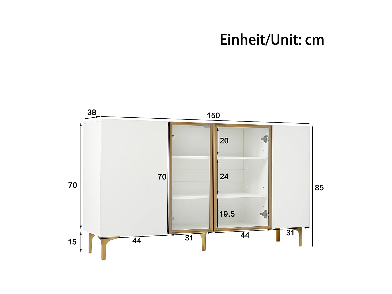 Aparador branco de 4 portas com vidro e metal – Design moderno sem puxadores, amplo espaço de armazenamento