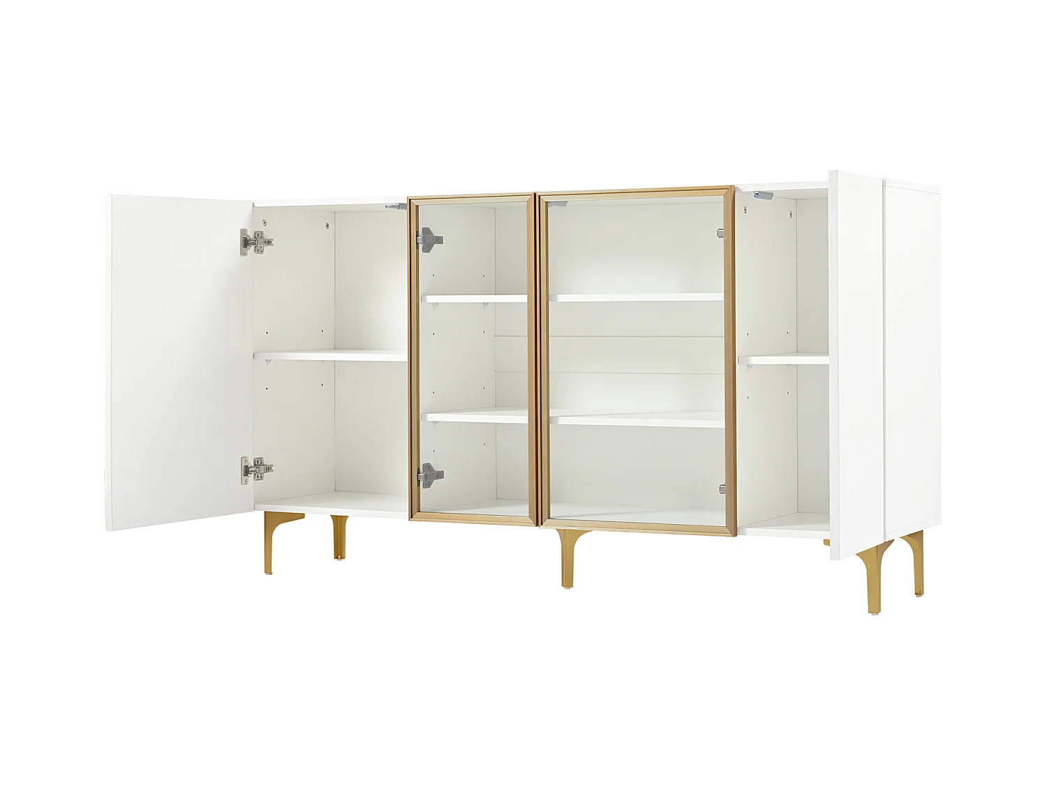 Aparador branco de 4 portas com vidro e metal – Design moderno sem puxadores, amplo espaço de armazenamento