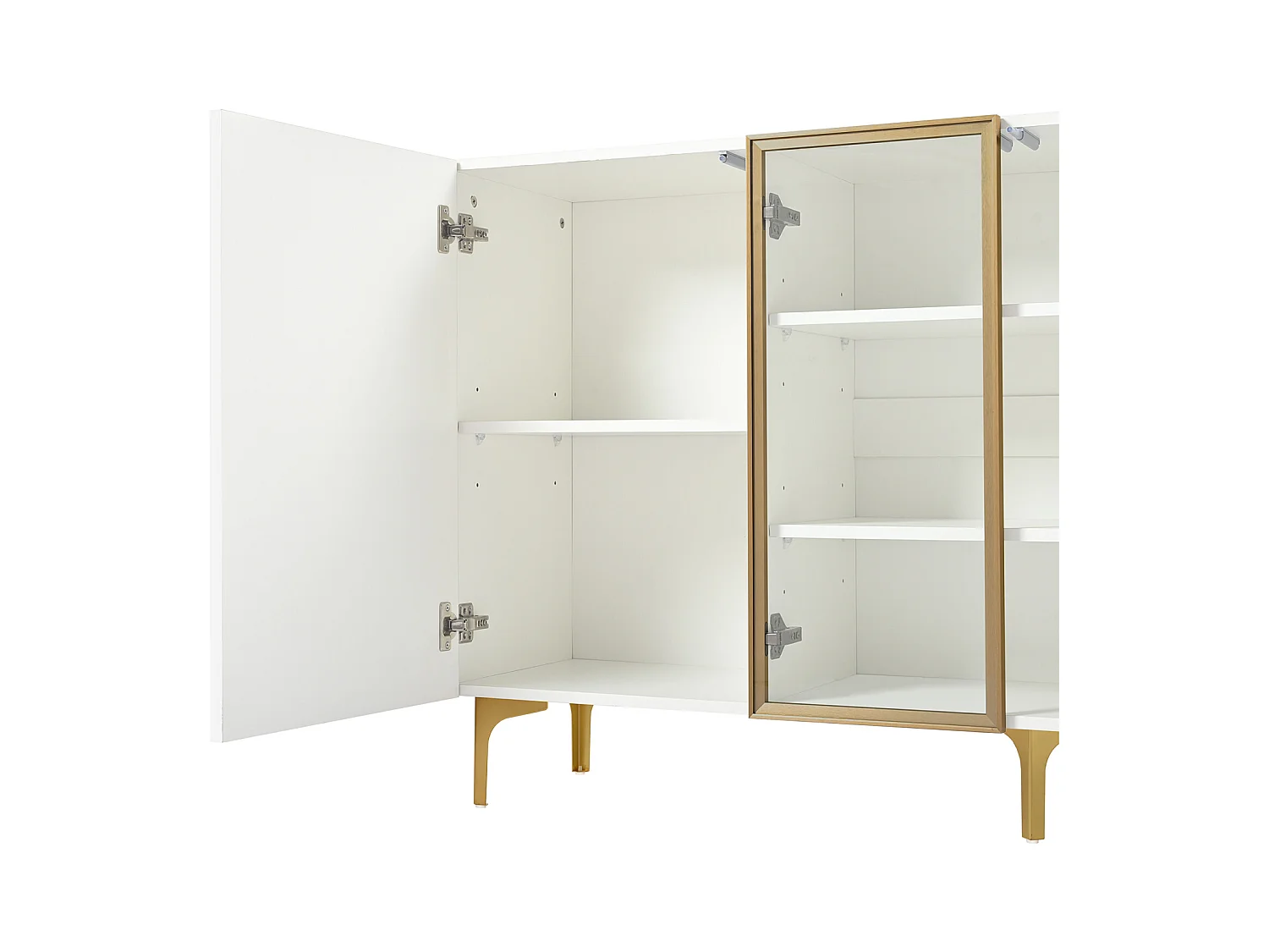 Aparador branco de 4 portas com vidro e metal – Design moderno sem puxadores, amplo espaço de armazenamento