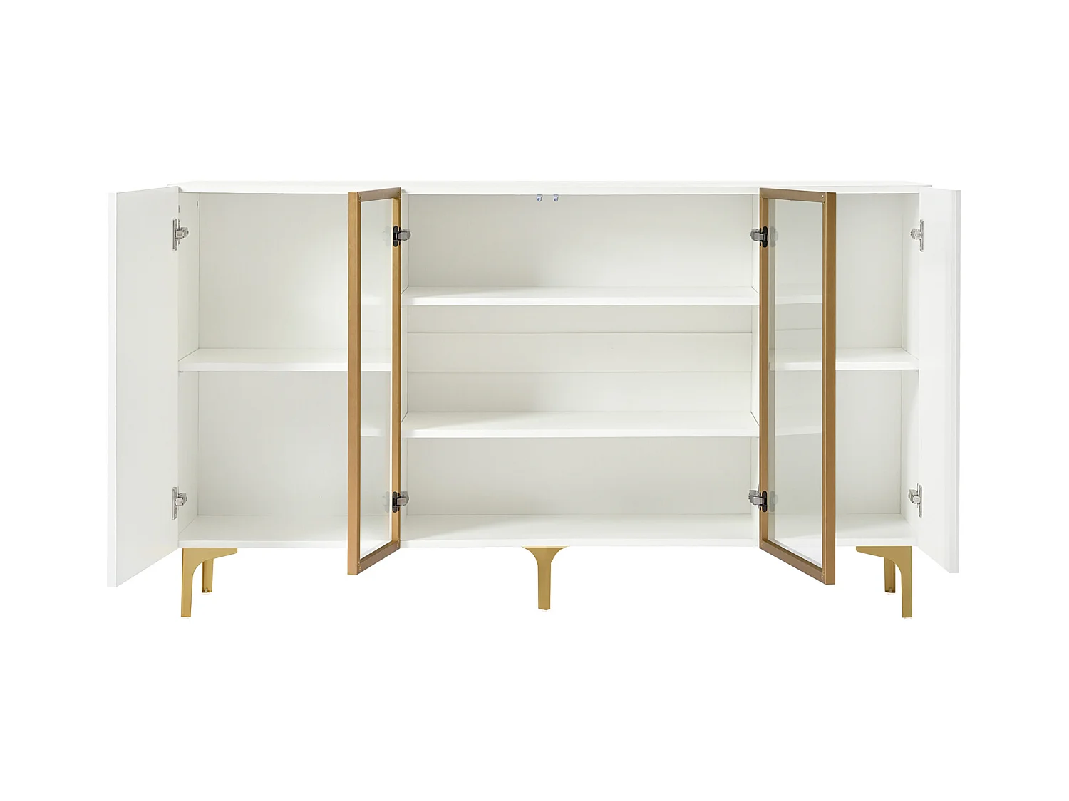 Aparador branco de 4 portas com vidro e metal – Design moderno sem puxadores, amplo espaço de armazenamento