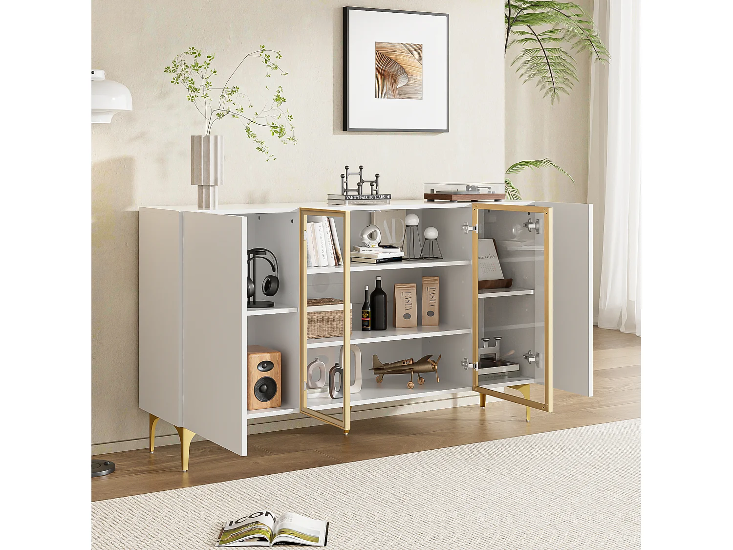 Aparador branco de 4 portas com vidro e metal – Design moderno sem puxadores, amplo espaço de armazenamento