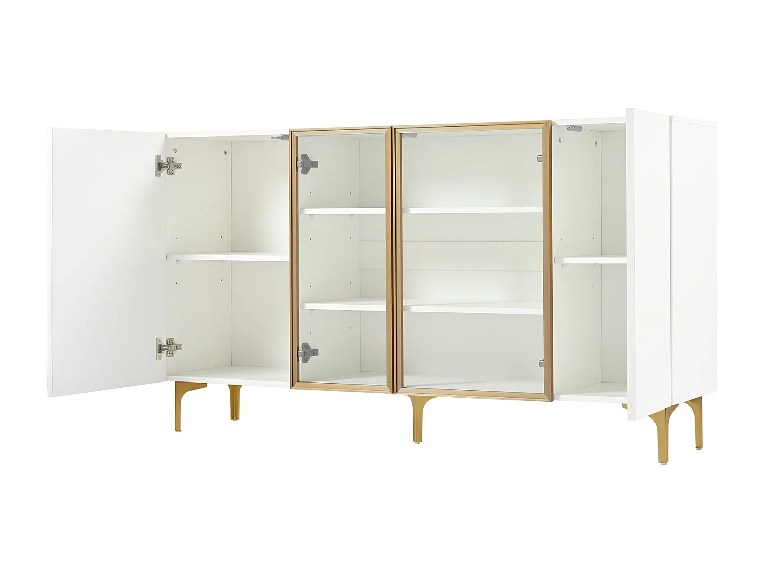 Aparador branco de 4 portas com vidro e metal – Design moderno sem puxadores, amplo espaço de armazenamento
