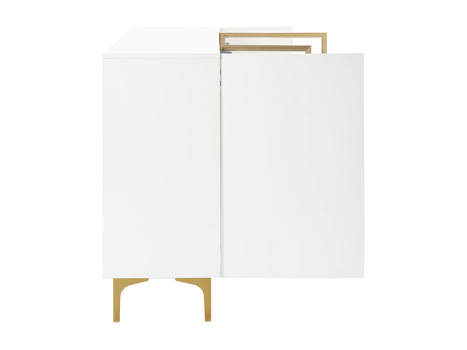 Aparador branco de 4 portas com vidro e metal – Design moderno sem puxadores, amplo espaço de armazenamento