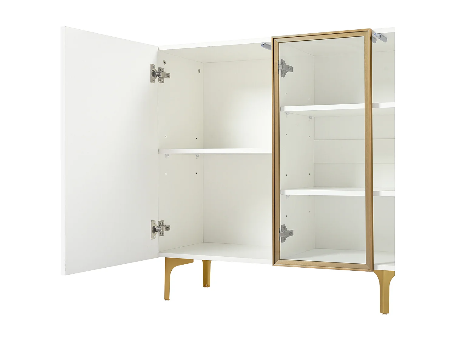 Aparador branco de 4 portas com vidro e metal – Design moderno sem puxadores, amplo espaço de armazenamento