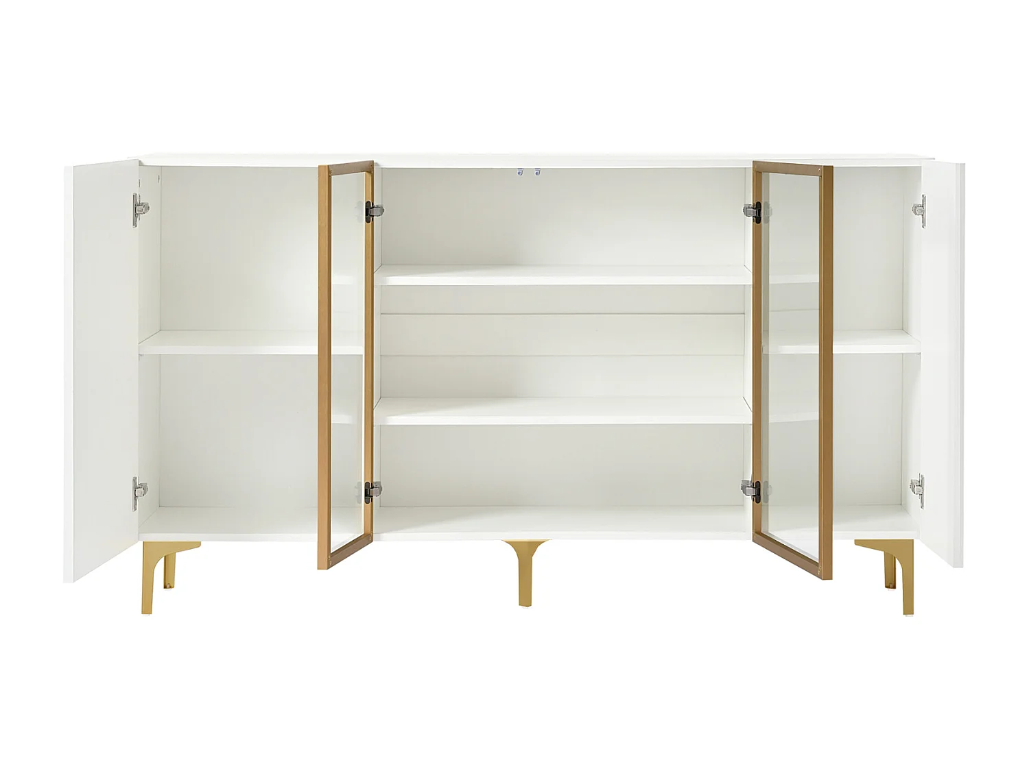 Aparador branco de 4 portas com vidro e metal – Design moderno sem puxadores, amplo espaço de armazenamento