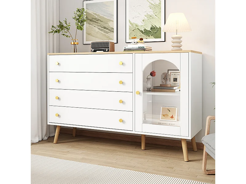 Buffet blanc avec 4 tiroirs et portes, pieds en bois massif, buffet pour salon, 120 x 40 x 77,5 cm
