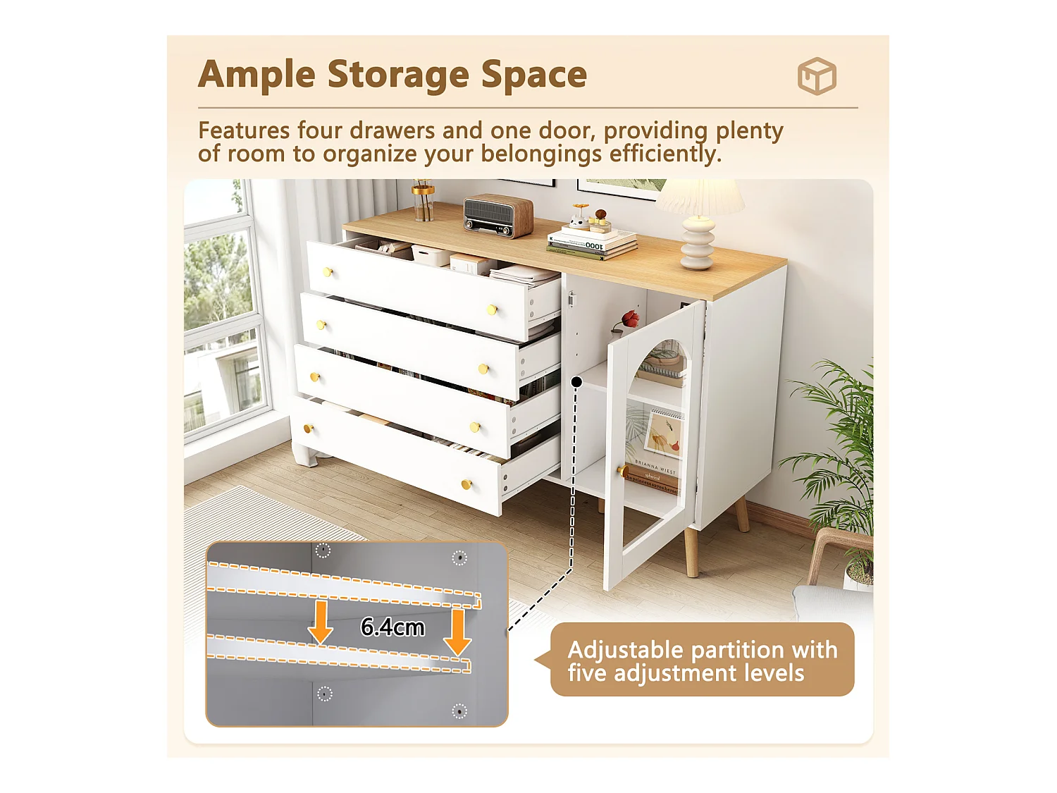 Aparador branco com 4 gavetas e portas, pés de madeira maciça, aparador para sala de estar, 120 x 40 x 77,5 cm