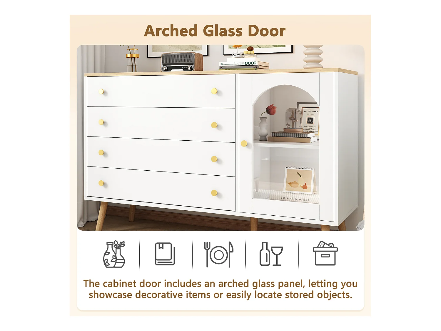 Aparador branco com 4 gavetas e portas, pés de madeira maciça, aparador para sala de estar, 120 x 40 x 77,5 cm