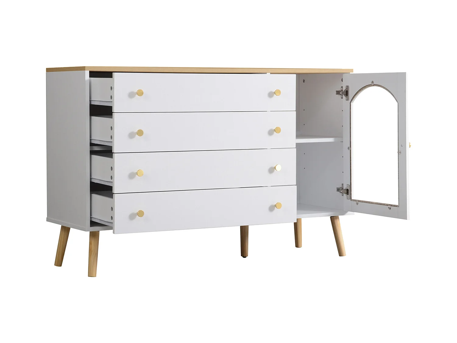 Aparador branco com 4 gavetas e portas, pés de madeira maciça, aparador para sala de estar, 120 x 40 x 77,5 cm