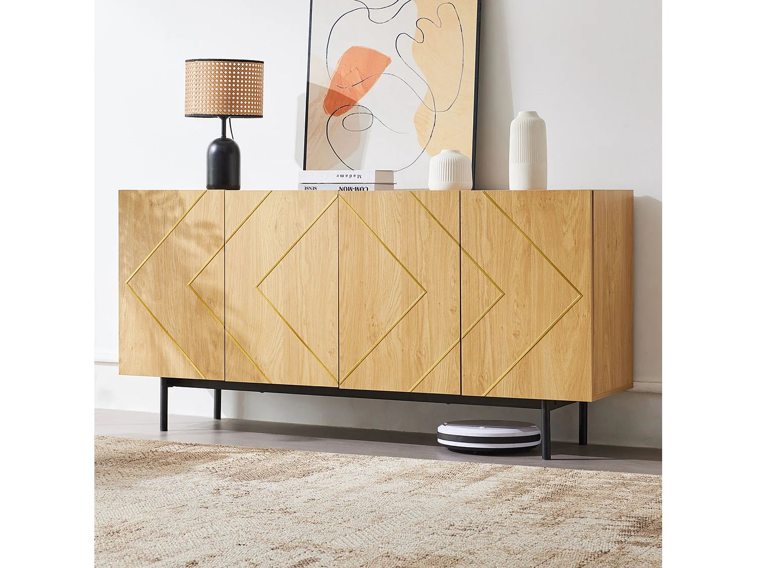 Aparador com 4 portas e pés de metal, Armário de arrumação, Decoração de sala de estar, 160 x 40 x 78 cm