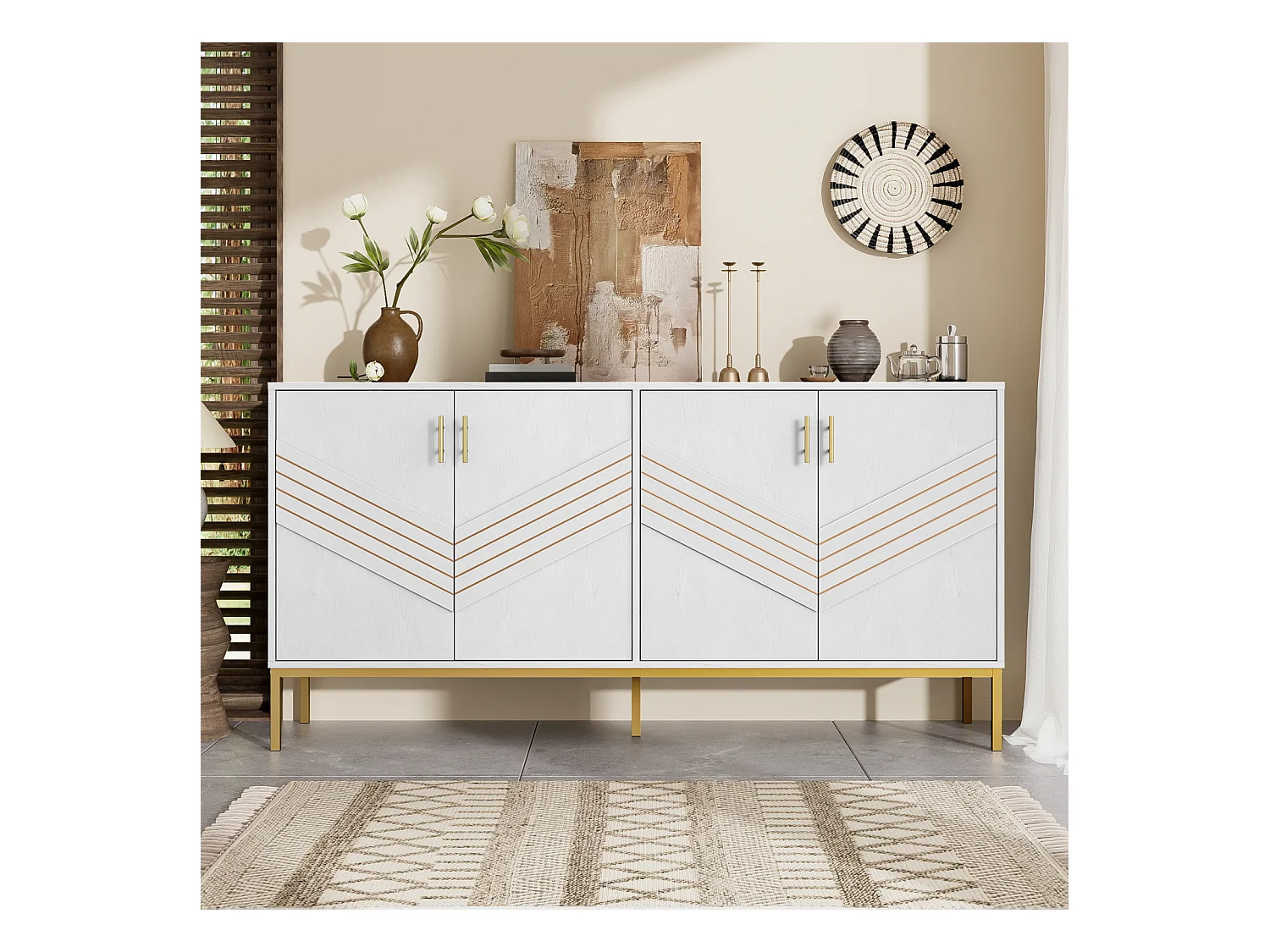 Aparador moderno de 4 puertas en blanco y dorado - MDF, patas de metal, para salón y comedor