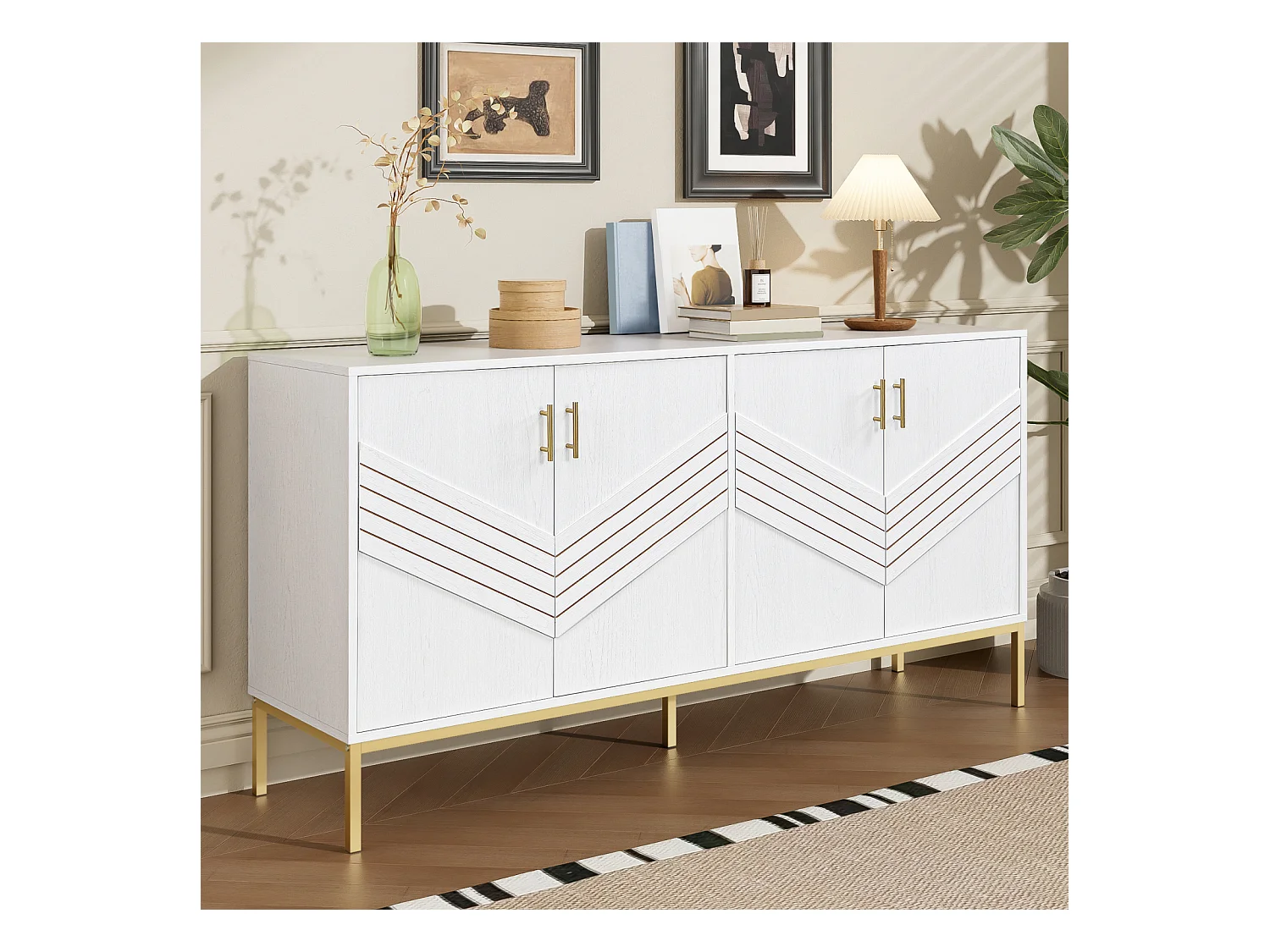 Aparador moderno de 4 puertas en blanco y dorado - MDF, patas de metal, para salón y comedor