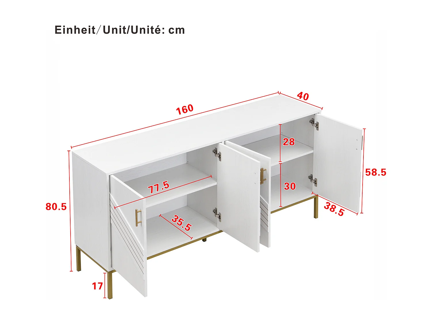 Buffet moderne 4 portes en blanc et or – MDF, pieds métalliques, pour salon et salle à manger