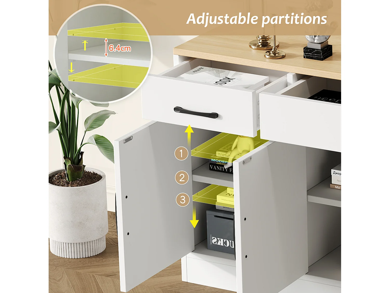 Aparador, Móveis de Cozinha 140 cm, Aparador de Sala de Jantar com Armazenamento, para Sala de Estar, Cozinha, Branco