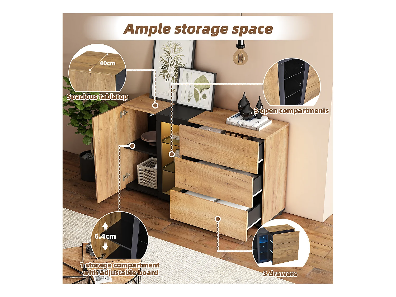 Buffet à crédence avec 3 tiroirs, Table avec Verre, 140x40x80cm,  Armoire pour Entrée, Cuisine, bois