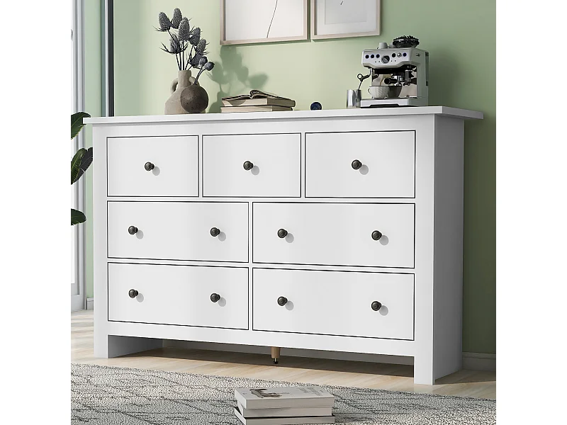 Aparador moderno de grande capacidade para sala de jantar com 7 gavetas, 152 x 40 x 88 cm, branco