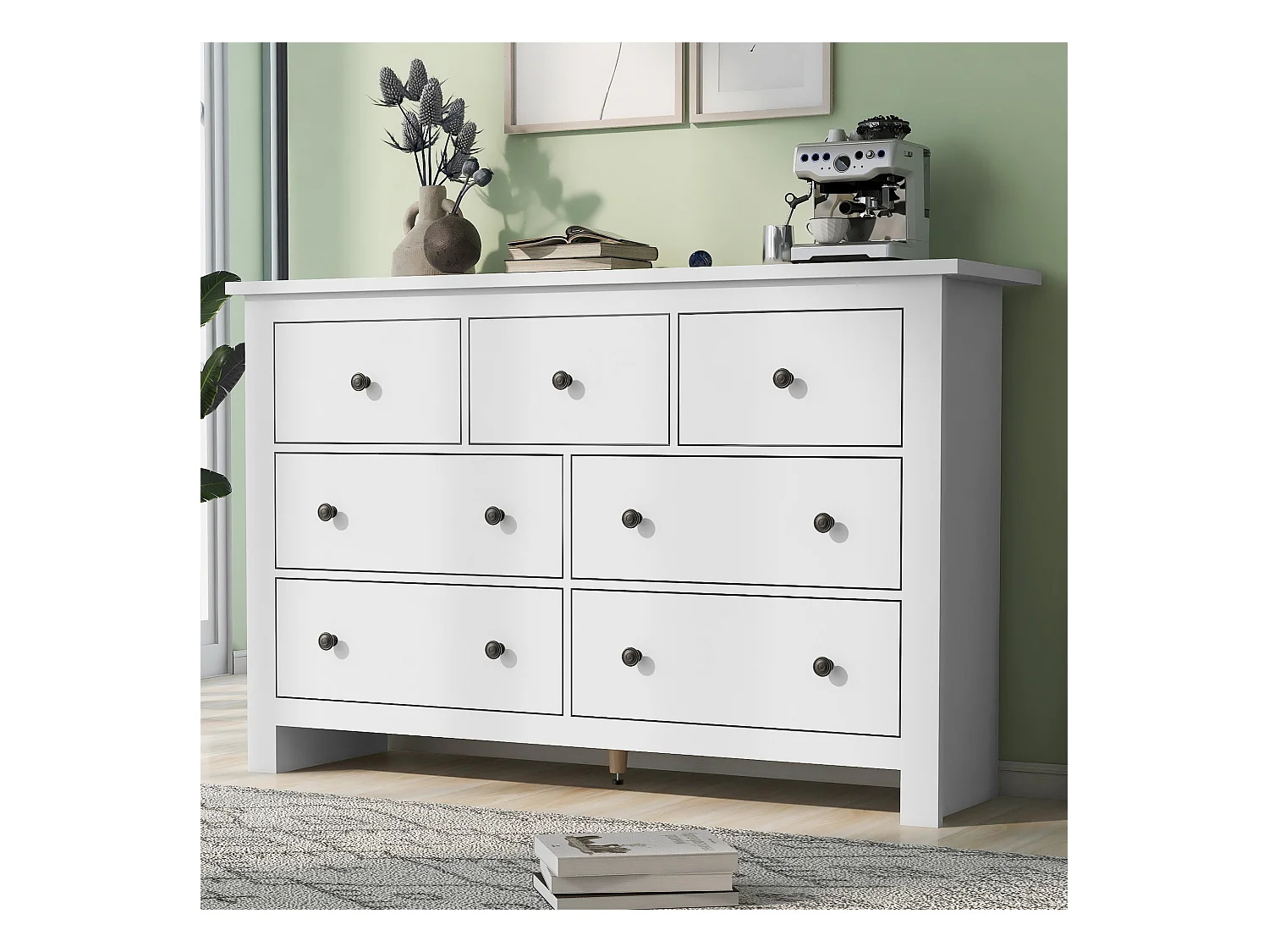 Aparador moderno de grande capacidade para sala de jantar com 7 gavetas, 152 x 40 x 88 cm, branco