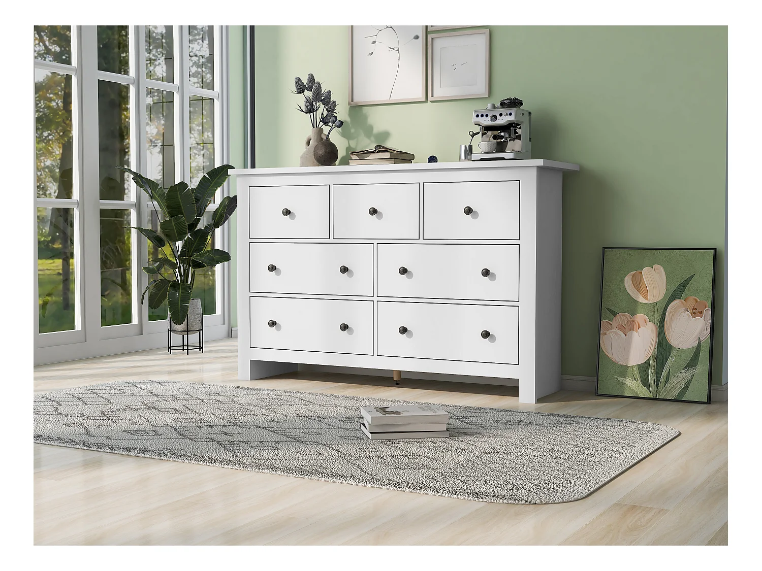 Aparador moderno de grande capacidade para sala de jantar com 7 gavetas, 152 x 40 x 88 cm, branco