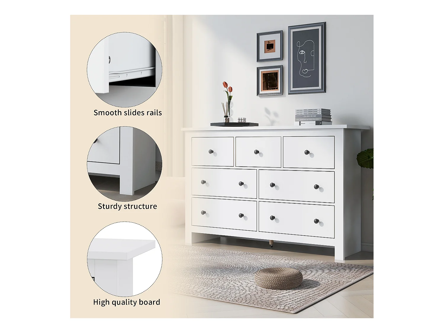 Aparador moderno de grande capacidade para sala de jantar com 7 gavetas, 152 x 40 x 88 cm, branco